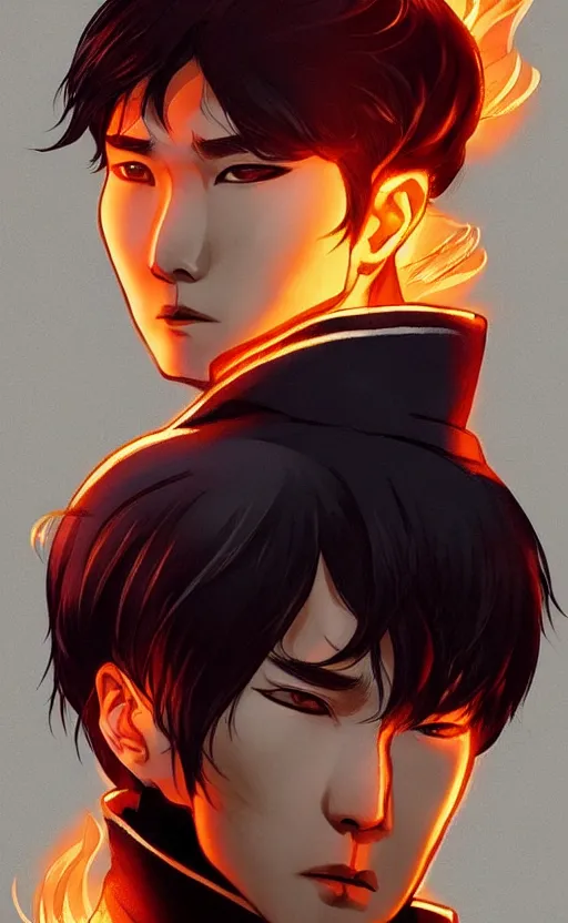 Image similar to MIN YOONGI is ZUKO, night time, dynamic lighting , looking at his FIRE SCAR reflection, +++ super super super dynamic posing, j.c. leyendecker, Valentina Remenar, thick eyebrows, super serious facial expression