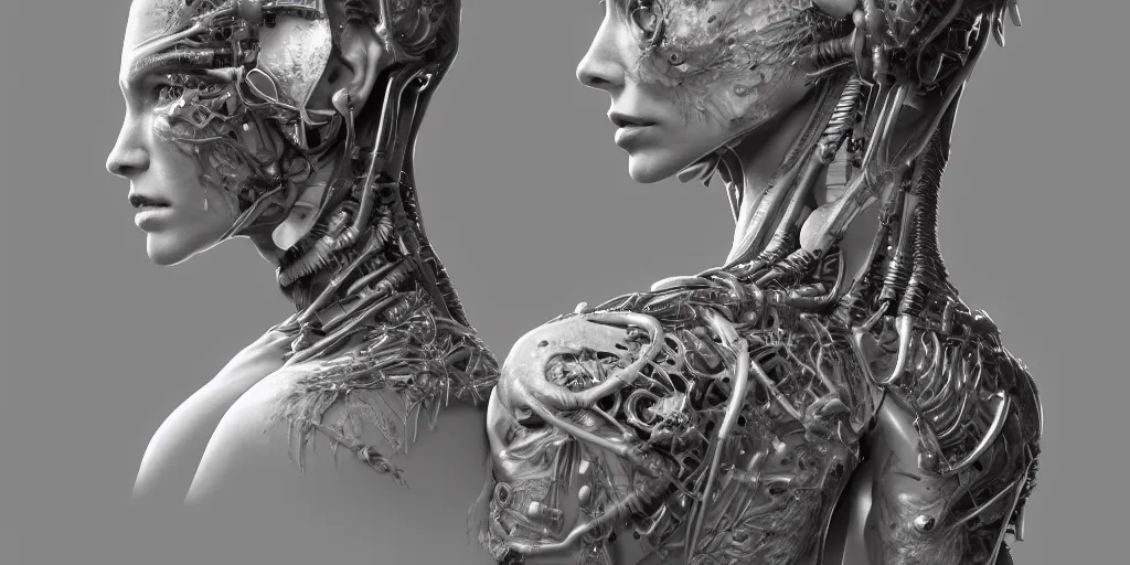 Prompt: photorealistic gorgeous symmetrical female cyborg, holding intimately, highly detailed, arms, knees, back, intricate, filigree, in the style of beth cavener, jin kagetsu, wlop, masterpiece, concept art, high key lighting, ambient lighting, octane render, 8 k, artstation