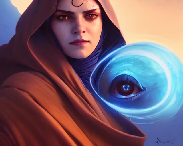 Image similar to photography of alia atreides of the knife, completely blue glowing eyes, deep focus, dune, science fiction, intricate, elegant, highly detailed, digital painting, artstation, concept art, matte, sharp focus, illustration, hearthstone, art by artgerm and greg rutkowski and alphonse mucha