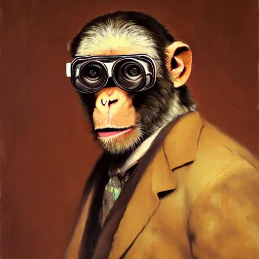 Image similar to portrait of a monkey doctor, artwork by gaston bussiere, craig mullins, trending on artstation, monkey dressed as a scientist, using googles and wearing a doctor coat