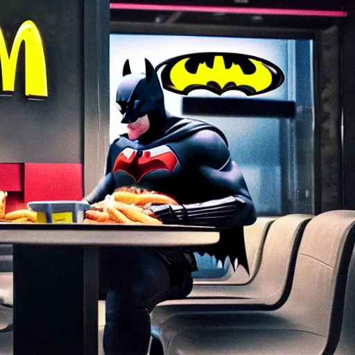 Image similar to A still of Batman eating at McDonalds, 4k, photograph, ultra realistic, highly detailed, studio lighting