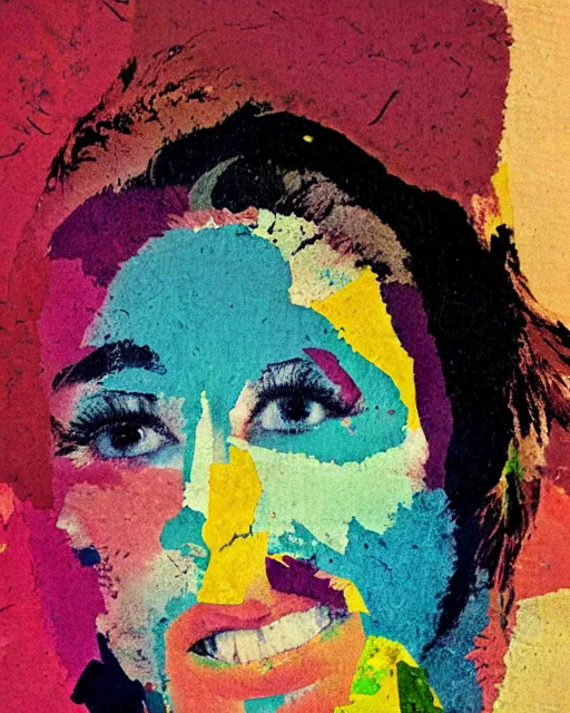 Image similar to collage, colorful stains, 1 9 6 0 s, 1 9 9 0 s, color block, photoshop, messy brush strokes, primary colors, fuzzy textures, a woman's face