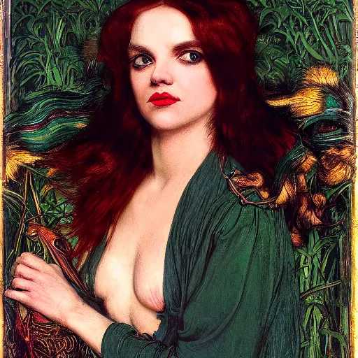 Image similar to portrait of a hybrid of a hybrid of judy garland and lady gaga and christina ricci, with downward slanting eyes, with a brown fringe, holman hunt, john william waterhouse, kilian eng, rosetti, john everett millais, william holman hunt, 4 k