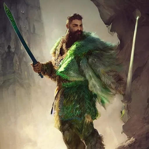 Prompt: Half body shot of a king with a trimmed beard, dual wielding swords, wearing green dragonscale armor and a cheetah pelt cloak, fantasy, digital art by Ruan Jia