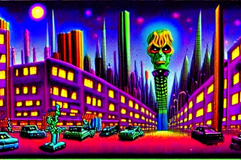 Image similar to surreal colorful nightmarish cityscape, artwork by ralph bakshi