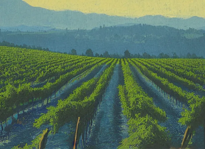 Image similar to blue woodcut vineyard landscape by greg rutkowski, fine details, highly detailed