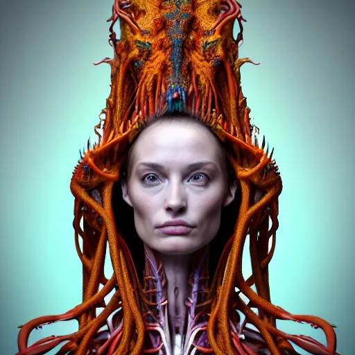 Image similar to a color high quality photo of a young beautiful female queen-dragon-cyborg bust with a very long neck and Mandelbrot fractal face, Mandelbrot fractal skin, flesh, anatomical, facial muscles, veins, arteries, elegant, highly detailed, flesh highly baroque ornate, hair are wired cables, elegant, high fashion, rim light, octane render, in the style of H.R. Giger and Flora Borsi, Realistic, Refined, Highly Detailed, Cinematic Lighting, rim light, photo-realistic, 8K