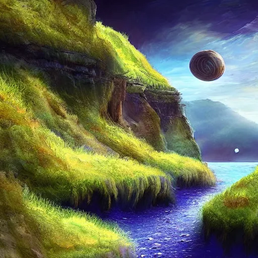 Prompt: beautiful digital artwork of a lush natural scene on an alien planet by arthur haas. artistic science fiction. interesting color scheme. beautiful landscape. weird vegetation. cliffs and water.