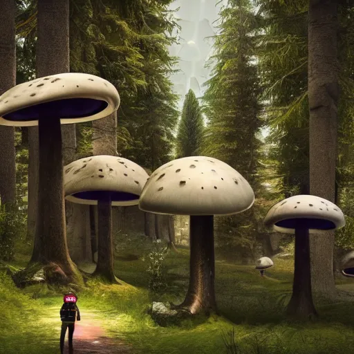 Image similar to a futuristic mushroom buildings in the middle of the forest, with futuristic flying cars hovering in the background, photography, cinematic, unreal engine, 4 k