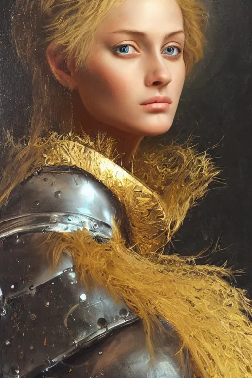 Image similar to hyperrealism oil painting, close - up portrait of european medieval blond fashion model, knight, steel gradient mixed with nebula sky, in style of baroque