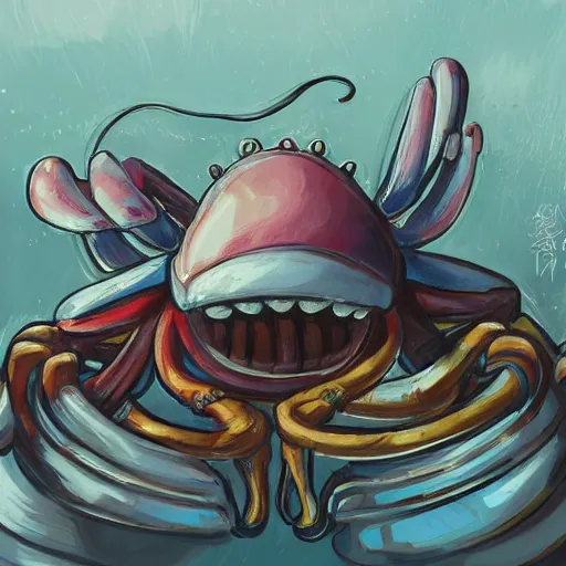 Image similar to portrait of mr krabs at the krusty krab, anthropomorphic crab, fantasy, art by chengwei pan, art by viktoria gavrilenko, detailed, intricate, trending on artstation