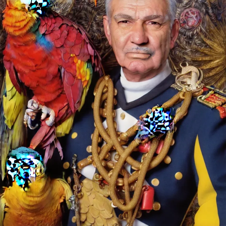 Image similar to close - up octane render portrait by wayne barlow and carlo crivelli and glenn fabry, an extremely elegant bold stern well - dressed admiral in a very powerful uniform, holding a colorful parrot, inside a colorful highly - themed nautical bar, very short depth of field, bokeh