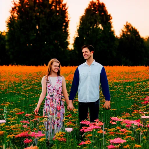 Prompt: a young couple holding hands in a field of flowers at sunset