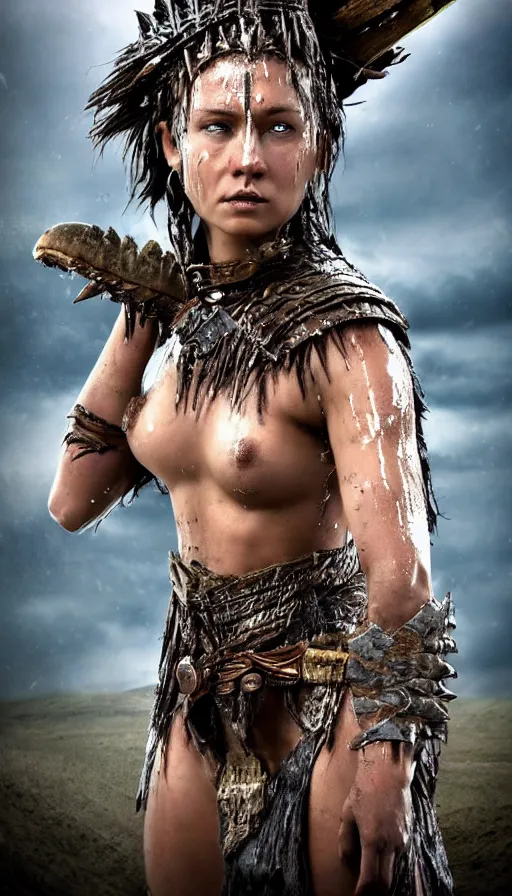 Image similar to wet ancient princess tribeswoman in battlerage, destroyed armor inspired by monster hunter, low shot camera, muscular, symmetrical face, clean face, subtle make up, debris and arrows flies around her, frozen time effect,dramatic lighting, cinematic, establishing shot, extremely high detail, photorealistic, 300 the movie,monster hunter the movie, dune the movie, cinematic lighting, artstation, octane render, western,old photo, vintage