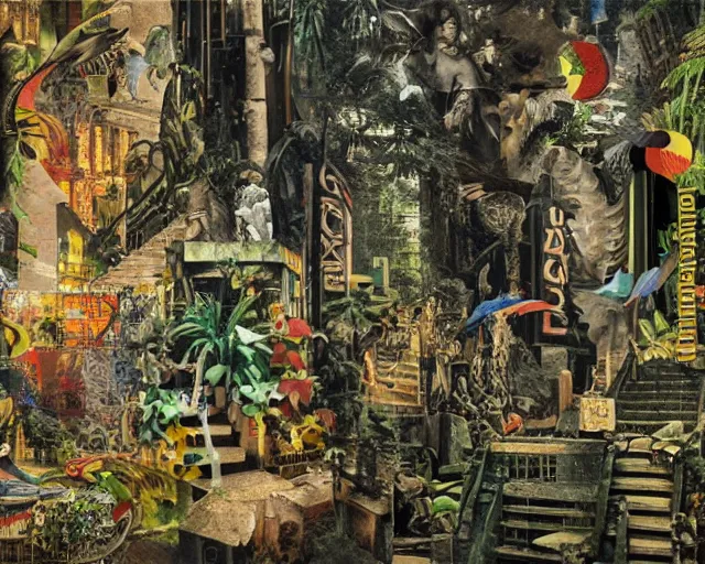 Prompt: high quality, high detail painting, dutch masterpiece, fluxus, film noir, ernst haekl, empty scene in las pozas with quetzalcoatl at night, hd, muted lighting, cut up collage