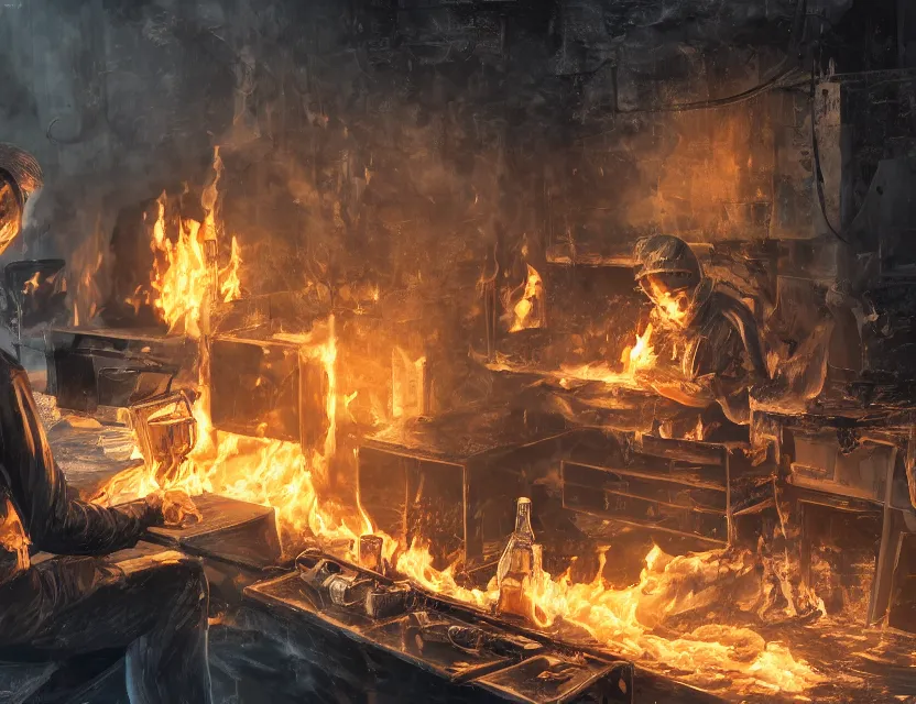 Image similar to a man works at a workstation in a very hot office with burning fires, close up, featured in artstation, intricate, ultra detailed, concept art, wide - angle lens, unreal engine, sharp focus, illustration, 8 k