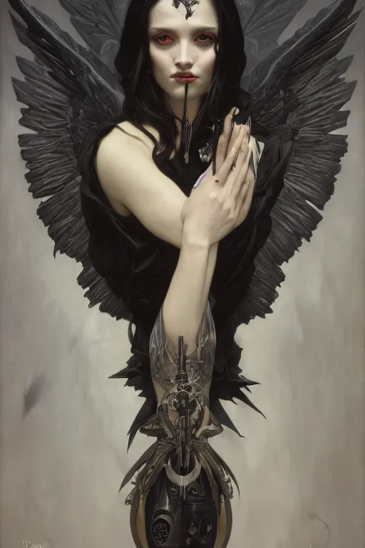 Image similar to portrait of the angel of death, black and silver, by tom bagshaw and alphonse mucha and atey ghailan and artgerm and and greg rutkowski, hyper realistic, octane render, trending on artstation