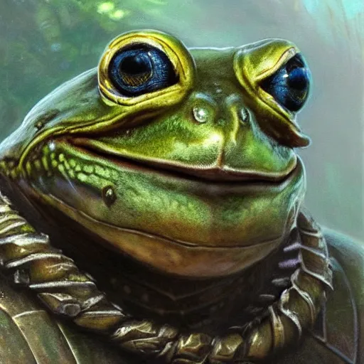 Image similar to frog as a realistic fantasy knight, closeup portrait art by donato giancola and greg rutkowski, realistic face, digital art, trending on artstation, symmetry!!, no helmet