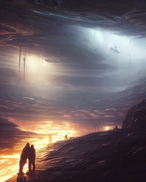 Prompt: A matted painting of humanoid Aliens of the Sun on a spaceship environment with expansive views of space, inspired by greg rutkowski and Keith Mallett and felix kelly, digital art, insanely detailed extremely moody lighting, glowing light and shadow, atmospheric, shadowy, cinematic