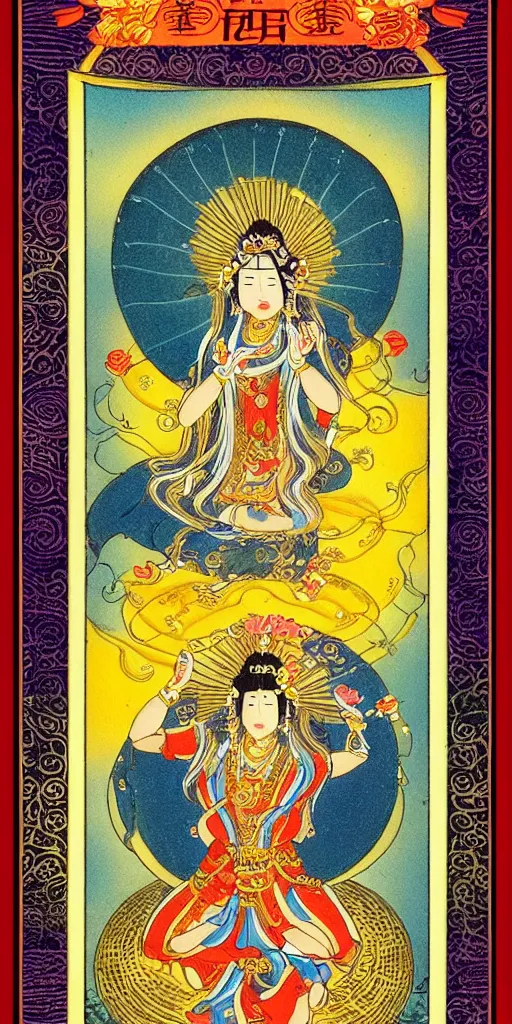 Image similar to asian goddess of bliss and honey, silk flowing in wind, totemic ritualistic tarot sigils, photo