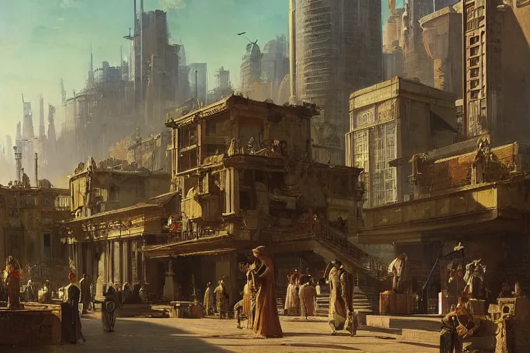 Prompt: a futuristic city in summer painted by Ludwig Deutsch and Rudolf Ernst, solarpunk,strong dramatic cinematic lighting, smooth, sharp focus, extremely detailed