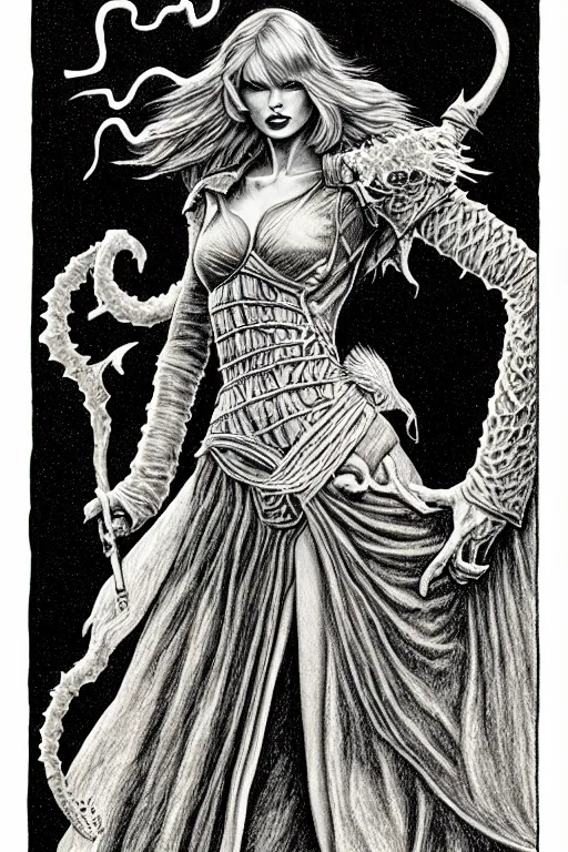 Image similar to taylor swift made of smoke, air elemental, as a d & d monster, full body, pen - and - ink illustration, etching, by russ nicholson, david a trampier, larry elmore, 1 9 8 1, hq scan, intricate details, inside stylized border