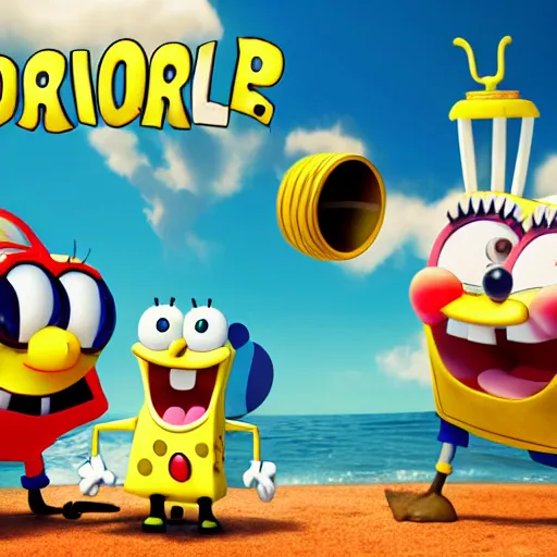 Image similar to movie poster with Spongebob and Mickey Mouse in it,Unreal Engine 5,4k quality