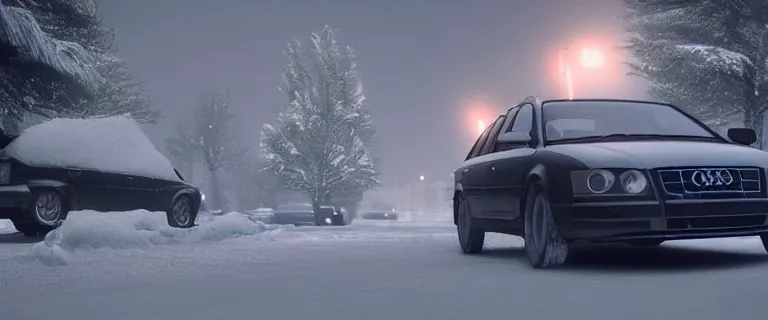 Image similar to Audi A4 B6 Avant (2002), a gritty neo-noir, dramatic lighting, cinematic, eerie person, death, homicide, homicide in the snow, gunshots, establishing shot, extremely high detail, photorealistic, cinematic lighting, artstation, by simon stalenhag, Max Payne (PC) (2001) winter New York at night, In the style of Max Payne 1 graphic novel, flashing lights, Poets of the Fall - Late Goodbye