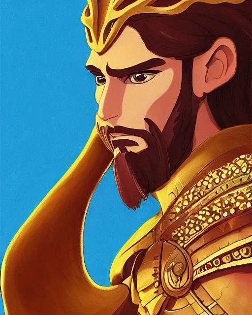 Image similar to portrait of a spanish conquistador wearing ornate armor, by daniel zrom and disney concept artists and studio ghibli, treasure planet movie color scheme, symmetric, handsome, golden ratio, jungle