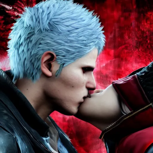Prompt: a photo of Vergil kissing Dante, official devil may cry 5 cg style
