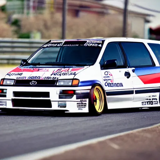 Image similar to 1990s Toyota Sienna with racing tires and racing livery, widebody kit, drifting through nurburgring, photography