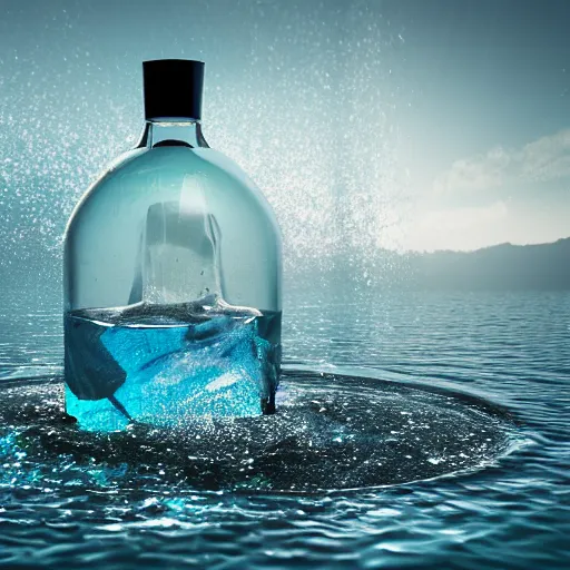 Prompt: a human head in a bottle water art manipulation, on the ocean water, futuristic, glowing, hyper realistic, ray tracing, realistic water splashes, sharp focus, long shot, 8 k resolution, cinematic, photoshop art