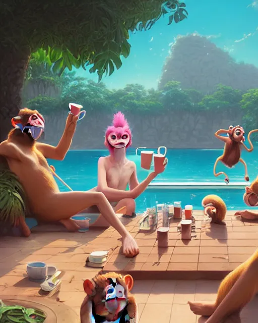 Image similar to highly detailed surreal vfx portrait of cartoon monkeys drinking coffee at a pool party, stephen bliss, unreal engine, greg rutkowski, loish, rhads, beeple, makoto shinkai and lois van baarle, ilya kuvshinov, rossdraws, tom bagshaw, global illumination, detailed and intricate environment