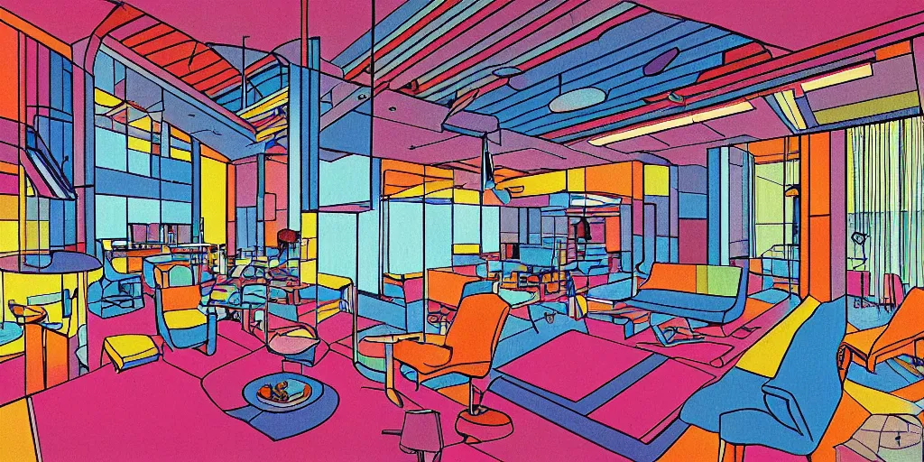 Image similar to modernist interior, seen from above, by René Laloux, line brush, full colour, coloured background