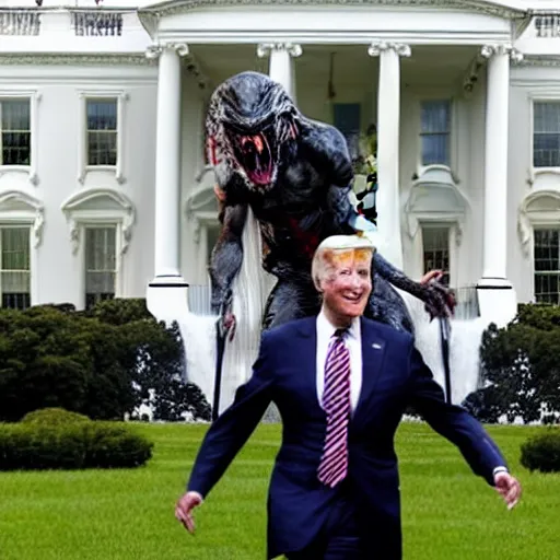 Image similar to a monster from predator destroys joe biden on the white house lawn