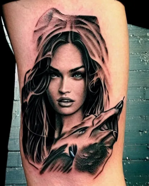 Image similar to creative double exposure effect tattoo design sketch of megan fox faded in beautiful mountain scenery, realism tattoo, in the style of matteo pasqualin, amazing detail, sharp