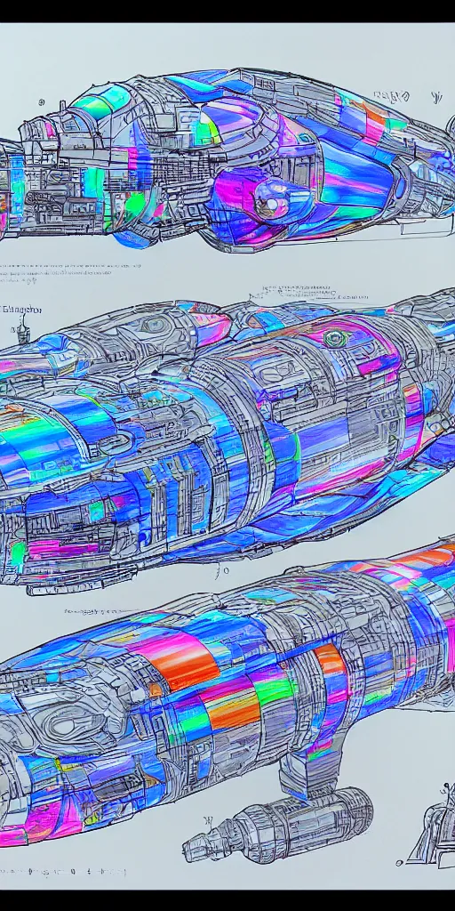 Prompt: blueprint of a spaceship, technical draw, concept art, extreme detail, 3 5 mm, colorful, nyan colors