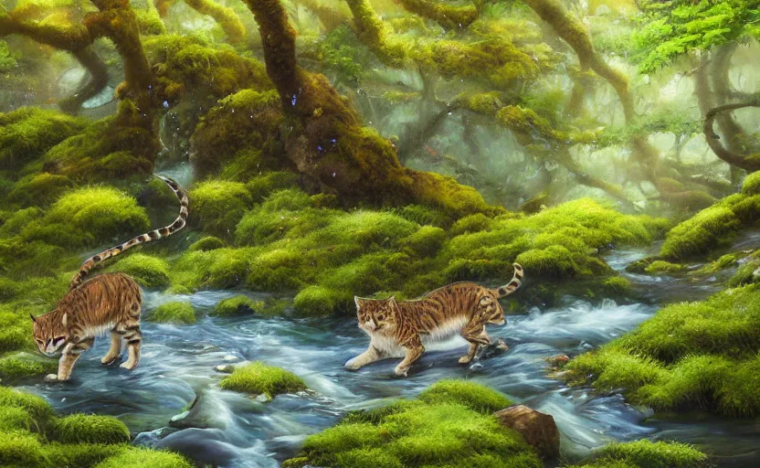 Prompt: wild cats in a clear water stream in a mossy fantastical forest, oil painting by Makoto Shinkai