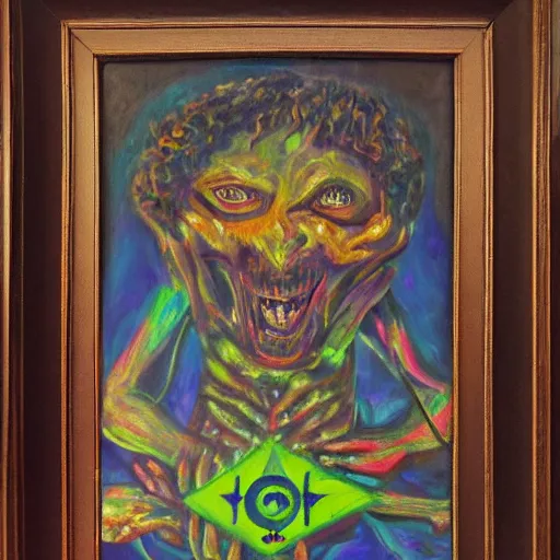 Image similar to portre of an autistic demon on acid, masonic and kabalistic symbols in background, oil painting