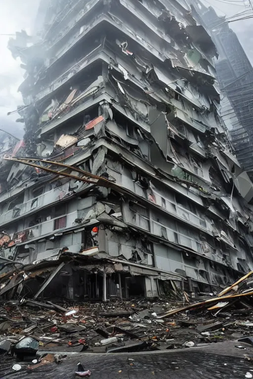 Image similar to tsunami in taipei. buildings collapsing. highly detailed architecture, atmosphere, dramatic light, epic composition, wide angle, by miyazaki, nausicaa ghibli