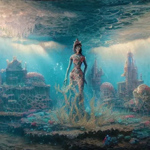 Image similar to Oil painting of underwater town, sea queen wearing a detailed dress with coral, D&D, Magic The Gathering, by Craig Mullins, intricate details, light rays from the surface, Nekro, Victo Ngai, centered, symmetrical, volumetric lighting