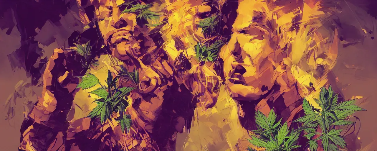 Image similar to duotone concept illustration 3 / 4 portrait of kid face consisting of marijuana, groot, cannabis!, cinematic volumentric lighting, jim cheung, david marquez, mike deodato jr, ilya kuvshinov, makoto shinka, behance hd by jesper ejsing, by rhads, hyper detailed, octane render, concept art, artstation