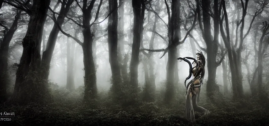 Image similar to a 8 5 mm realistic photograph of a 6 armed serpent goddess + dark fantasy + nightime + ancient forest + dramatic lighting + fog