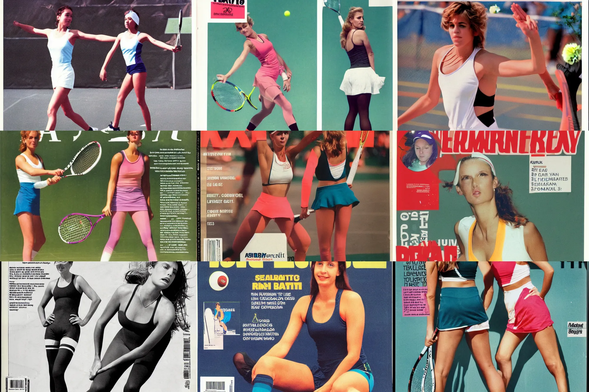 Prompt: a beautiful woman in tennis wear, tights, a 1 9 9 0 magazine page