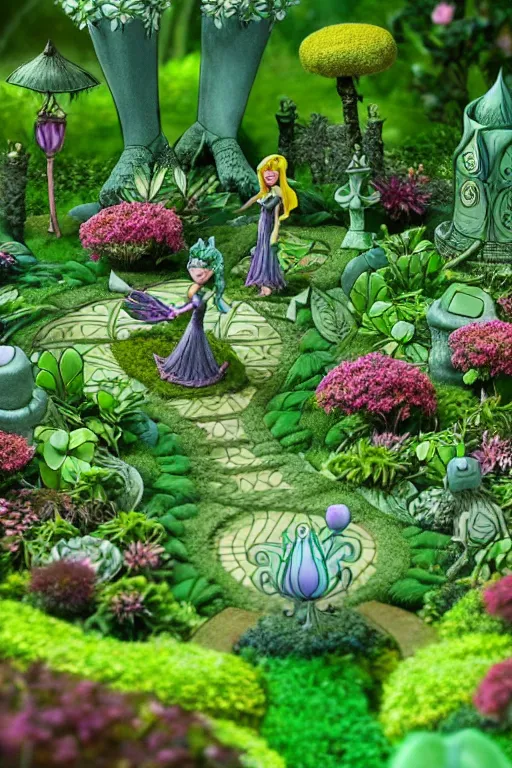 Prompt: intricate detailed Garden, Green Witch Walking her Garden, magical garden plant creatures, enchanted, life like plants, In The animation style of X-Men: The Animated Series, high detail, max upscale