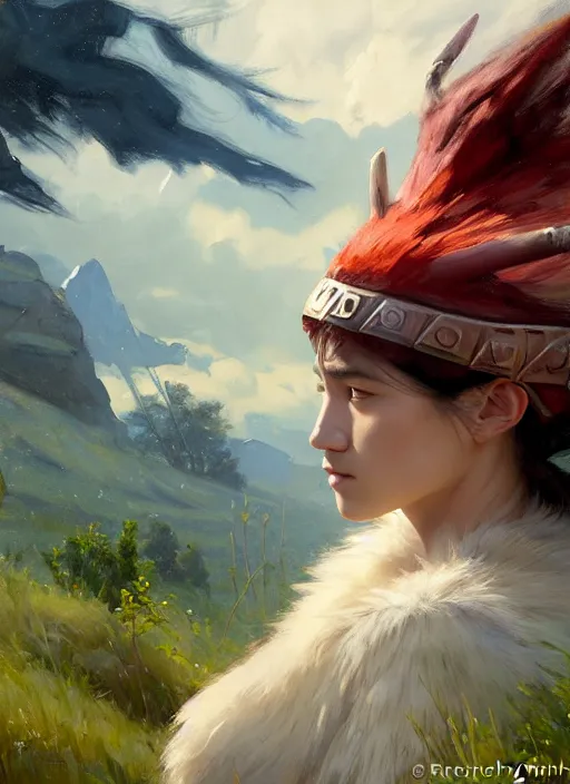 Image similar to portrait of Princess Mononoke, countryside near forest, calm, fantasy character portrait, dynamic pose, above view, sunny day, thunder clouds in the sky, artwork by Jeremy Lipkin and Giuseppe Dangelico Pino and Michael Garmash and Rob Rey, very coherent asymmetrical artwork, sharp edges, perfect face, simple form, 100mm