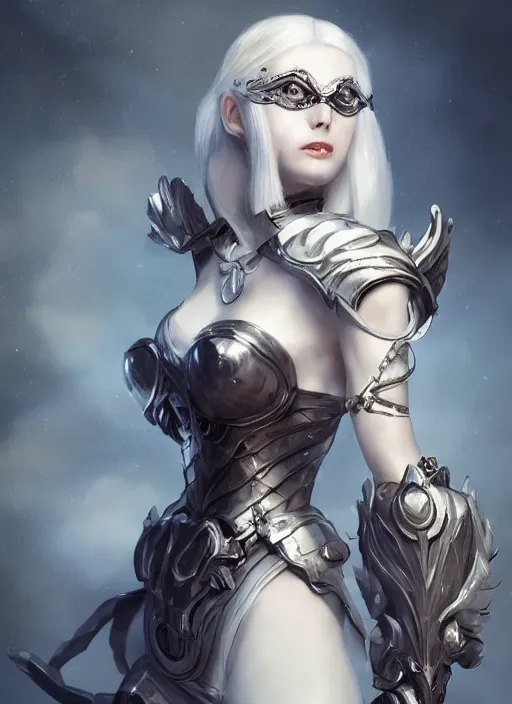 Image similar to a highly detailed illustration of white haired pale lady wearing blindfold, wearing dieselpunk armor dress with iron wings, dramatic floating pose, intricate, elegant, highly detailed, centered, digital painting, artstation, concept art, smooth, sharp focus, league of legends concept art, wlop