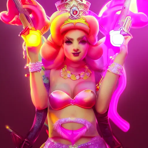 Prompt: Princess peach mixed with jinx from league of legends, dancing, background with neon lighting, fullshot, raytrayced, octane render, epic composition, intricate details, hyperrealist, dark neon punk, by Alessandro Barbucci, Barbara Canepa