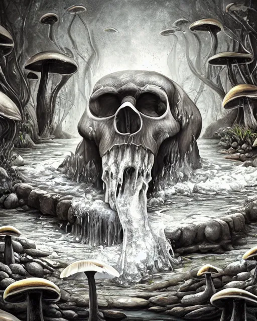 Prompt: a painting of a evil stream, made in tones of white and grey, of water pouring from a biomorphic gorilla skull and producing liquid gold, in a wild mushroom fountain, bath like style, insanely detailed, loony toons style, isometric views, 8k