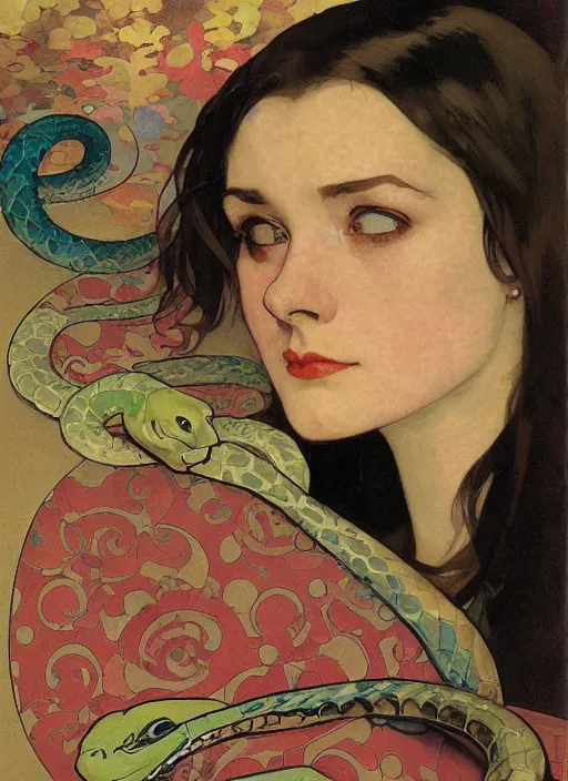 Image similar to an art nouveau copic maker portrait of a sad woman with big eyes wearing a snake kimono by john berkey by edward hopper, alphonse mucha, loish, norman rockwell